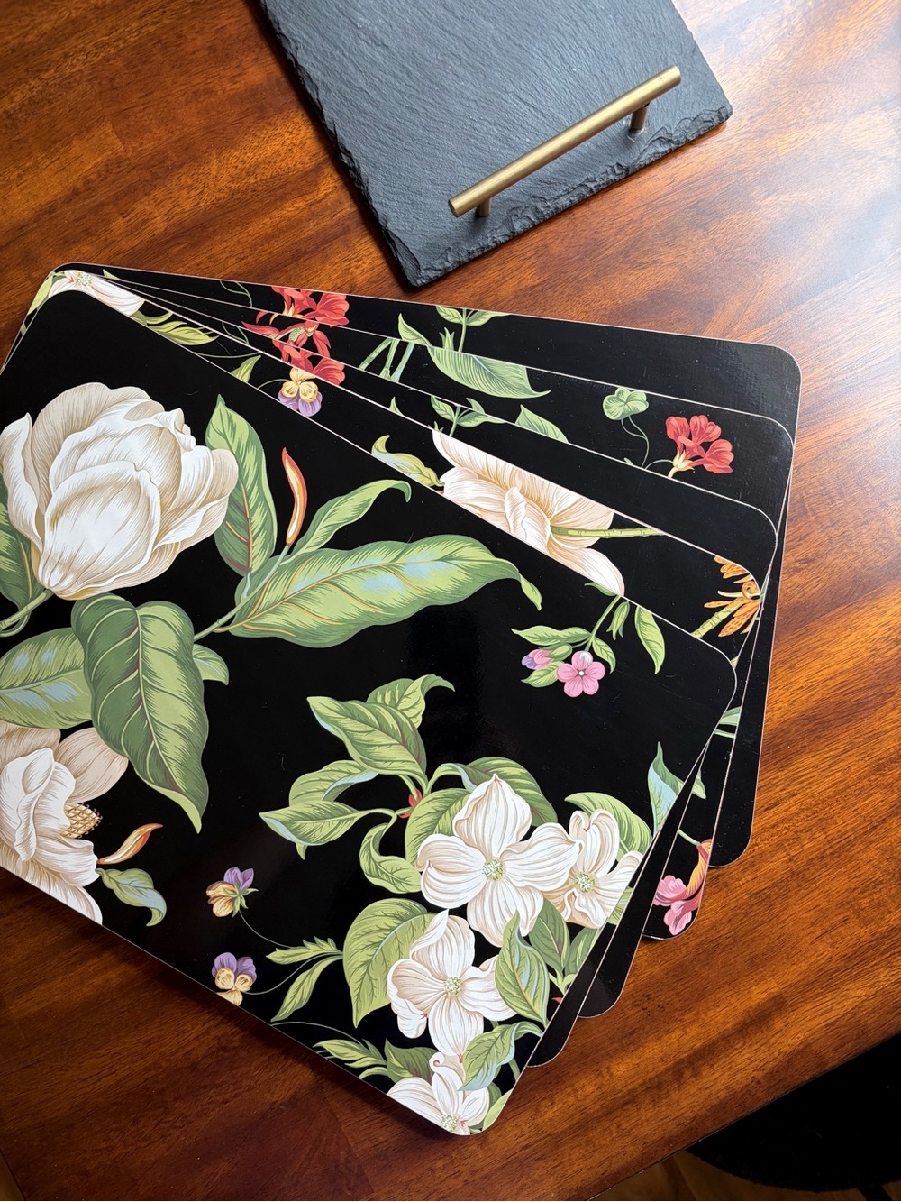 Williamsburg Garden Images Black Floral Cork Placemats Set of 7. Botanical